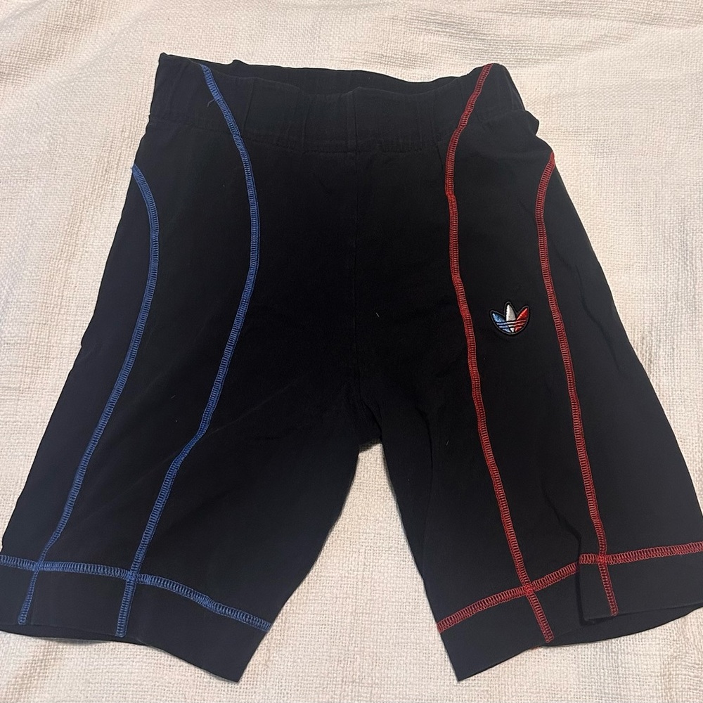 Adidas Woman’s Biker Black Shorts with Red and Blue Accents